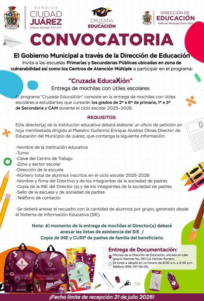 CruzPerzCuellar's tweet photo. ¡Ya está abierta la convocatoria de la Cruzada por la Educación! ✏️🎒
El Gobierno Municipal, a través de la Dirección de Educación, invita a directores y directoras de escuelas públicas de preescolar, primaria, secundaria y CAM a registrarse para recibir LONCHERAS, MOCHILAS Y ÚTILES ESCOLARES para sus estudiantes.
Queremos apoyar a las familias juarenses en este regreso a clases.
Tienen hasta el 21 de julio, aquí les dejo toda la información. 
Si tienen dudas pueden comunicarse al: ☎️ 656 737 0600
