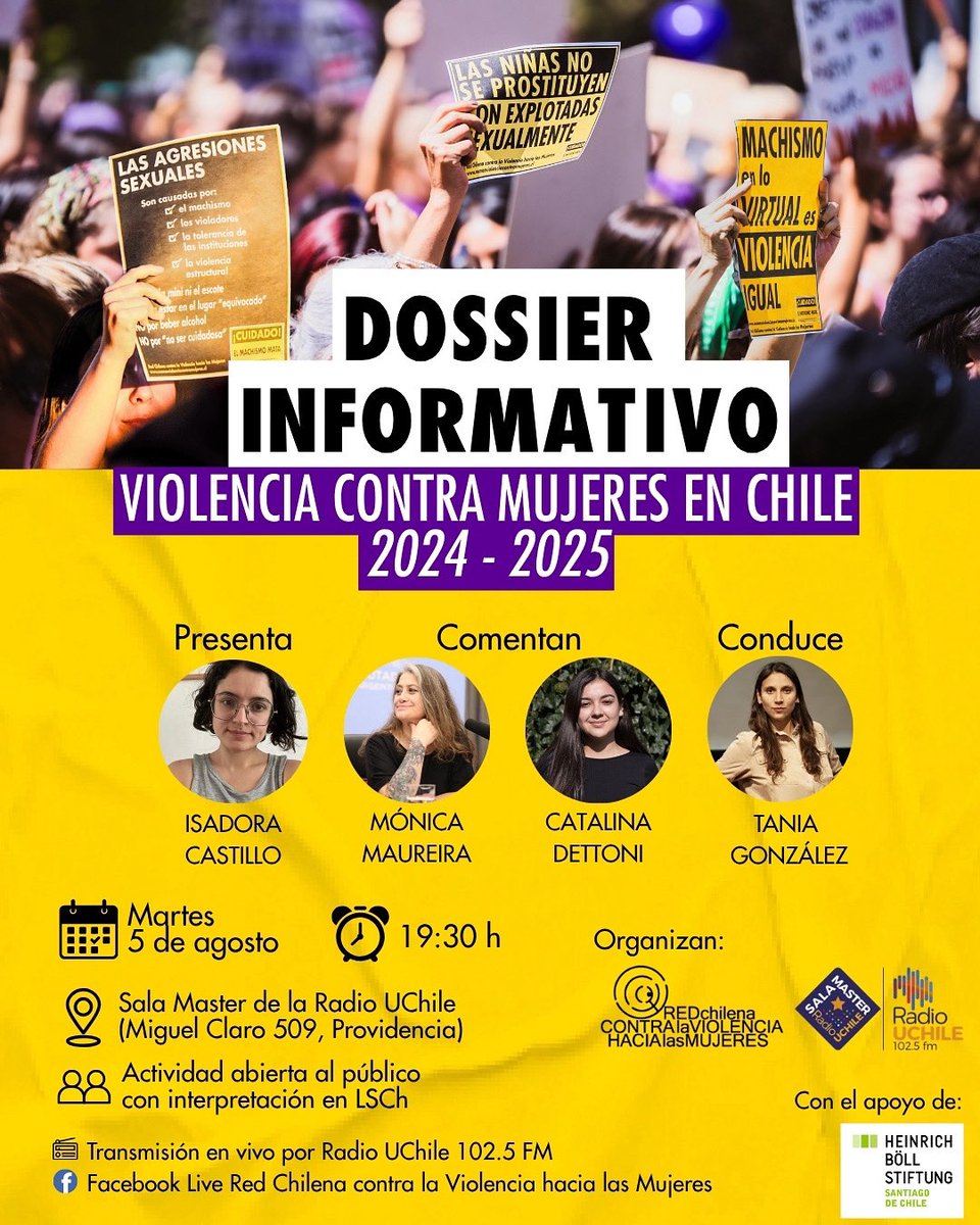 Red Chilena contra la Violencia hacia las Mujeres (@mujeresred) on Twitter photo Presentación: Dossier Informativo Violencia contra Mujeres en Chile 2024-2025
Análisis feminista con Isadora Castillo, Mónica Maureira y Catalina Dettoni, conducido por Tania González de <a href="/uchileradio/">Diario-Radio UChile</a>
🗓️5/ago, 19:30 h. Sala Master, Radio UChile 📍Miguel Claro 509, Providencia. Presentación: Dossier Informativo Violencia contra Mujeres en Chile 2024-2025
Análisis feminista con Isadora Castillo, Mónica Maureira y Catalina Dettoni, conducido por Tania González de <a href="/uchileradio/">Diario-Radio UChile</a>
🗓️5/ago, 19:30 h. Sala Master, Radio UChile 📍Miguel Claro 509, Providencia.