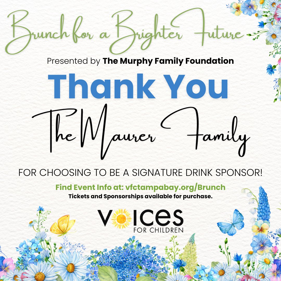 THANK YOU Maurer Family for choosing to be support our Brunch for a Brighter Future! Sponsorships &amp; tickets are going fast but it's not to late to brunch with us! For info on sponsorships &amp; event tickets: vfctampabay.org/brunch. #BrunchForACause #GiveBackTampa #TampaBayEvents