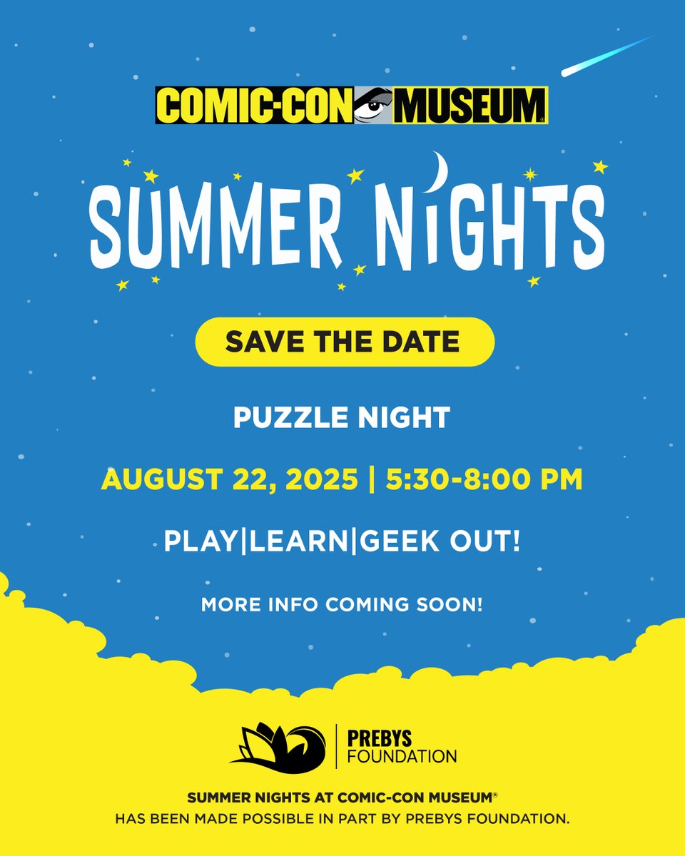 ComicConMuseum's tweet image. Piece together a summer night at Comic-Con Museum! Compete in speed puzzling, assemble a scenic jigsaw, & learn from the experts on Friday, Aug. 22. 🎟️on sale now at comic-con.org/museum/event/s…! $15 til 8/21, $20 at door, free for members. Summer Nights is supported by @prebysfound.