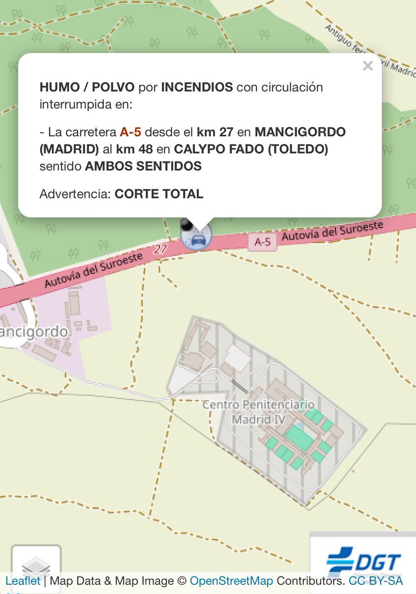 ⚠️INFORMACIÓN⚠️
Continúa el corte total (nivel negro ambos sentidos) en la #A5 entre Calypo y Navalcarnero. Sigue cortada la #R5 sentido Badajoz (creciente).
Si necesitas info actualizada de la <a href="/DGTes/">Dir. Gral. Tráfico</a> :

infocar.dgt.es/movil/?lat=40.…

#IFMéntrida #ProtecciónCivil #Alcorcón