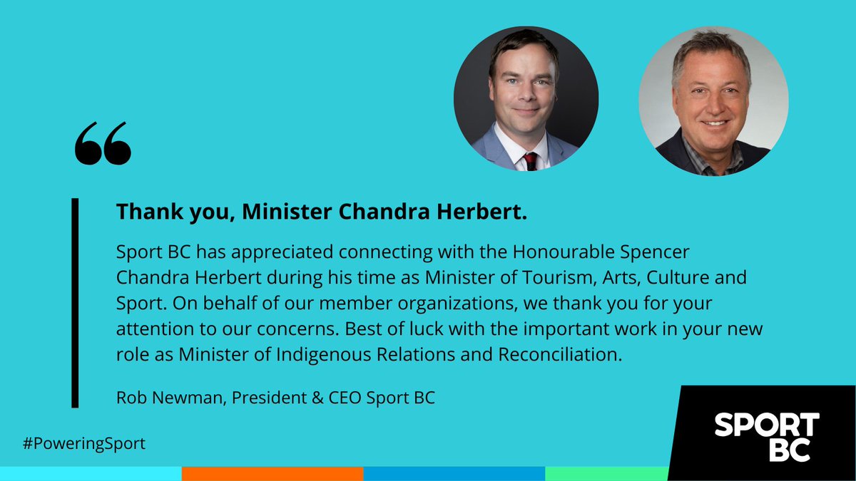 With today's provincial cabinet shuffle, Sport BC would like to thank and acknowledge the efforts of the Honourable Spencer Chandra Herbert <a href="/SChandraHerbert/">Spencer Chandra Herbert</a>. Thank you for supporting the power of sport for all!
