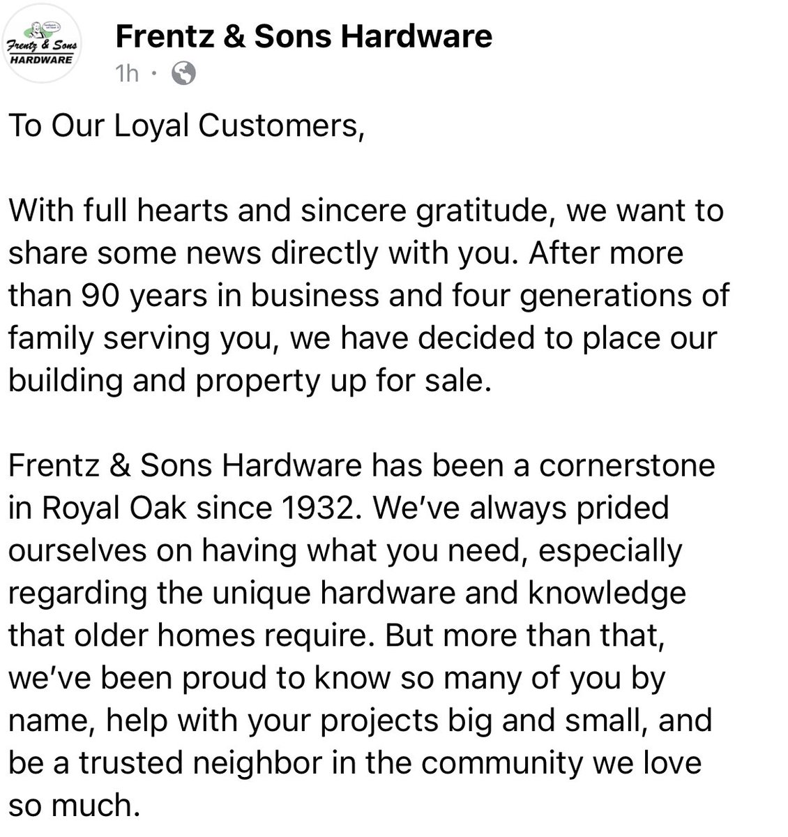 RoyalOakAcorn's tweet image. Frentz & Sons is selling their building and property, according to their Facebook post: