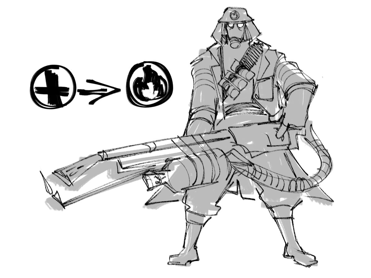 i like the concept of the medic being now some sort of pyromaniac fireman.... since both medic and fireman belong to the branch of emergencies,, idk how to explain it