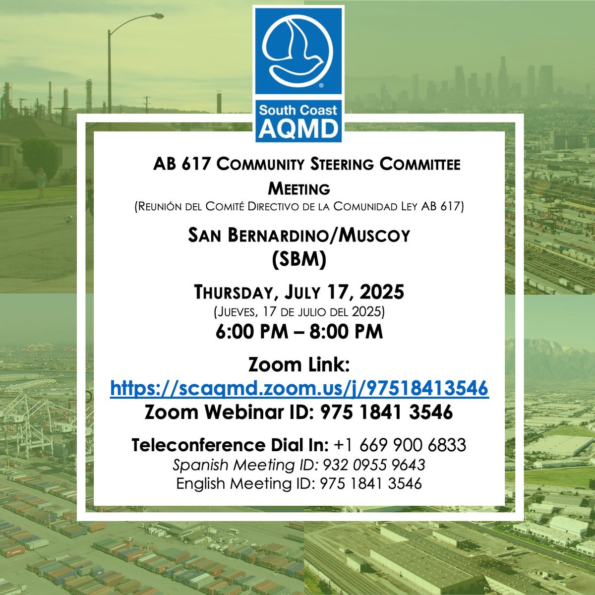 SouthCoastAQMD's tweet image. Tune into our Facebook Live Stream of today’s #SanBernardino / #Muscoy Virtual #AB617 Community Steering Committee meeting starting at 6pm. More info: aqmd.gov/ab617