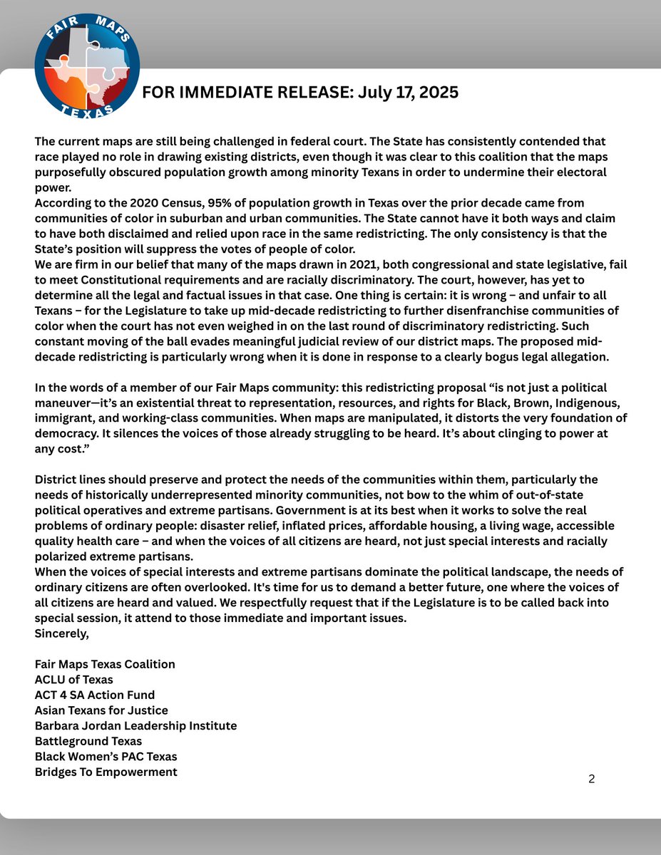 FairMapsTexas's tweet image. Today, the Fair Maps Texas Coalition along with 31 community organizations sent a letter to the Governor, Lt. Governor, and Speaker of the House asking for the immediate withdrawal of redistricting from the legislative agenda for the upcoming special session.
Please see below: