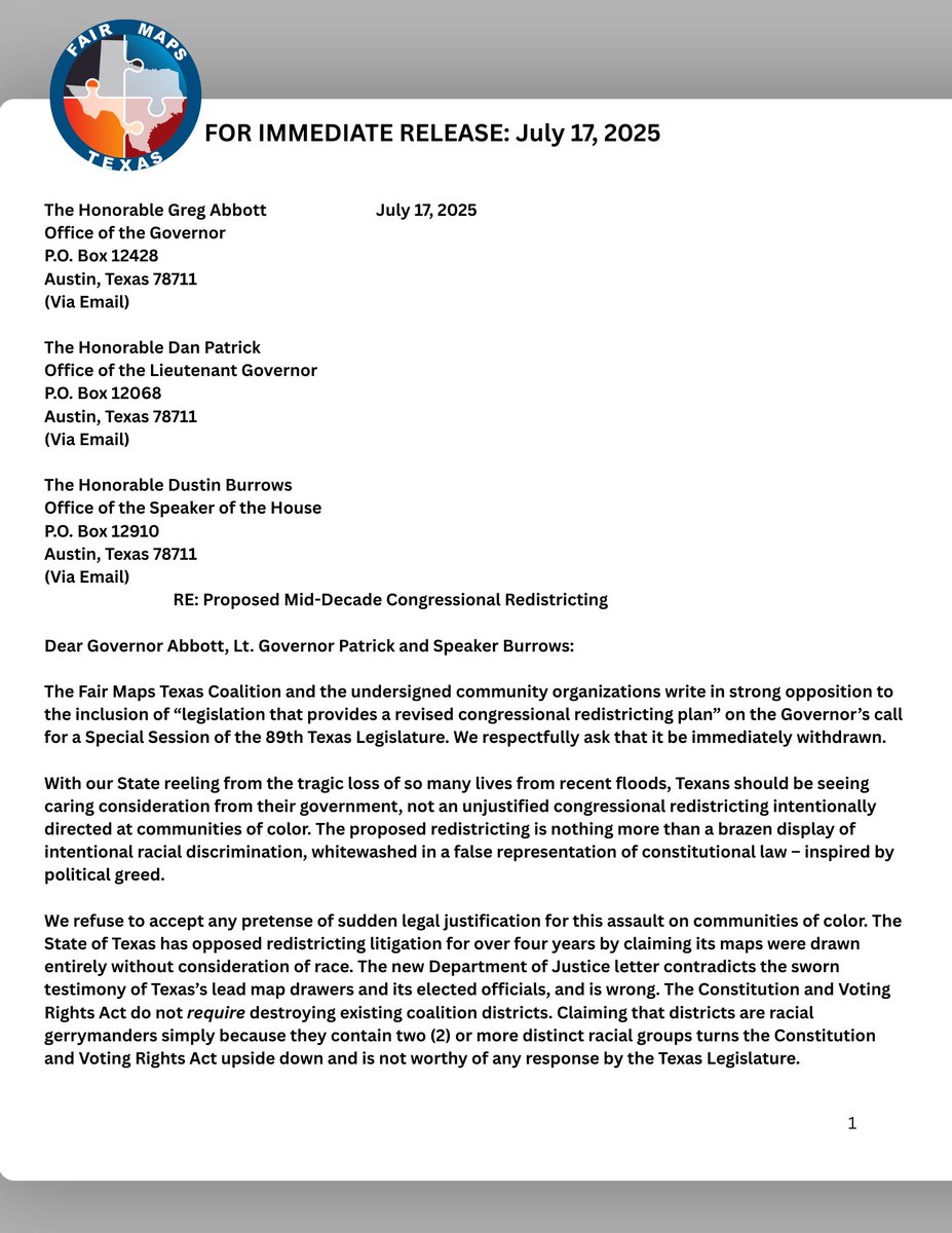 FairMapsTexas's tweet image. Today, the Fair Maps Texas Coalition along with 31 community organizations sent a letter to the Governor, Lt. Governor, and Speaker of the House asking for the immediate withdrawal of redistricting from the legislative agenda for the upcoming special session.
Please see below: