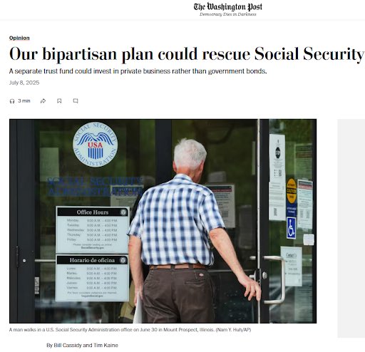 StephenMoore's tweet image. Senators Cassidy and Kaine want the government to invest $1.5 trillion from Social Security into the stock market. Here’s the problem:
❌ The U.S. Government would become the largest shareholder in the S&P 500
❌ Politicians influencing corporate boardrooms (imagine the ESG…