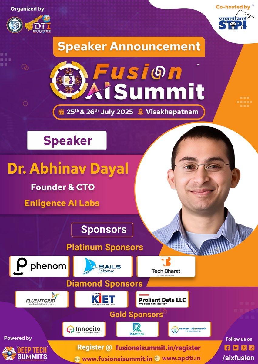 Excited to welcome Dr. Abhinav Dayal, Founder &amp; CTO at <a href="/enligence/">Enligence AI Labs</a>, as a  Speaker at the Fusion AI Summit, #Visakhapatnam!

🗓️ July 25–26, 2025

#Register at: fusionaisummit.in

#FusionAISummit2025 #AI #GenAI #AgenticAI #Vizag #AISummit #VizagSummit