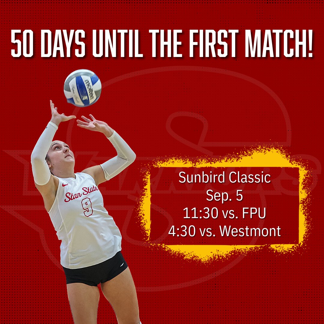GoStanState's tweet image. 50 days until the first serve! Volleyball season begins on the road at the Sunbird Classic hosted by @fpusunbirds
September 5: vs. FPU @ 11:30 a.m. | vs. @WestmontSports @ 4:30 p.m.
September 6: vs. @MenloAthletics @ 2:00 p.m.
Time for @goccaa and @ThePacWest matchups!โฆ