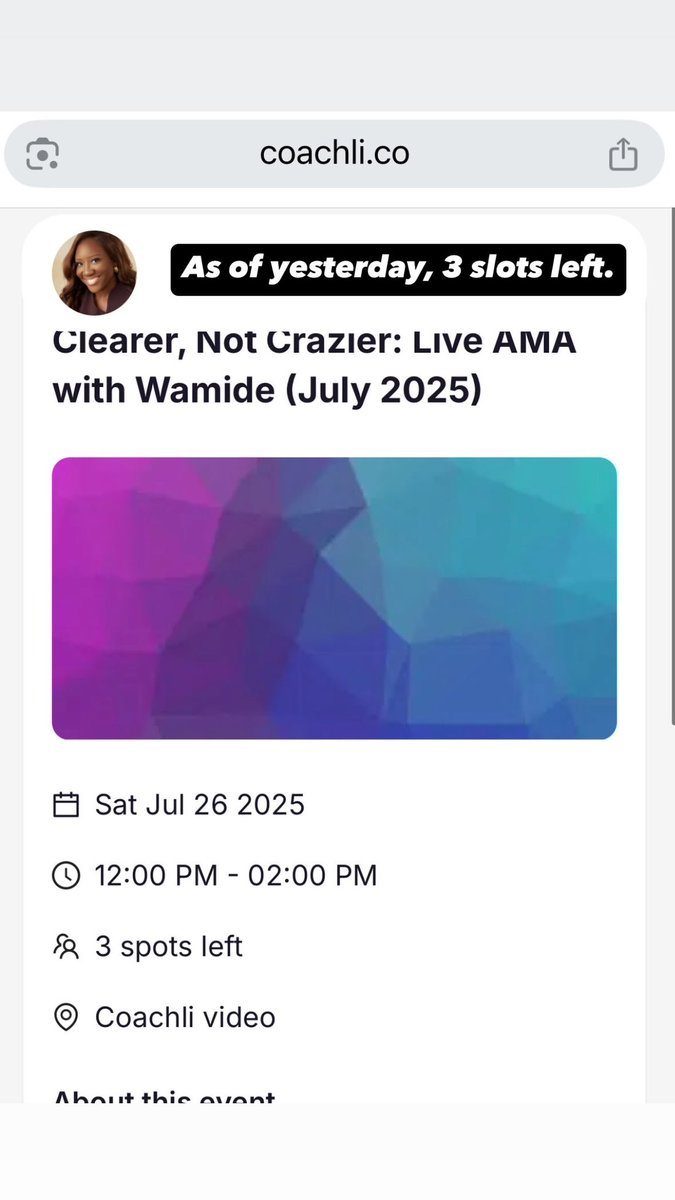 wamide_a's tweet image. If you've been feeling that quiet nudge to change something in your career, or stuck in your head wondering what’s next, this is for you!
I’m hosting an AMA next week. Bring your questions, your confusion, your what-ifs; I’ll help you get clear.
Register coachli.co/wamide/event/c…