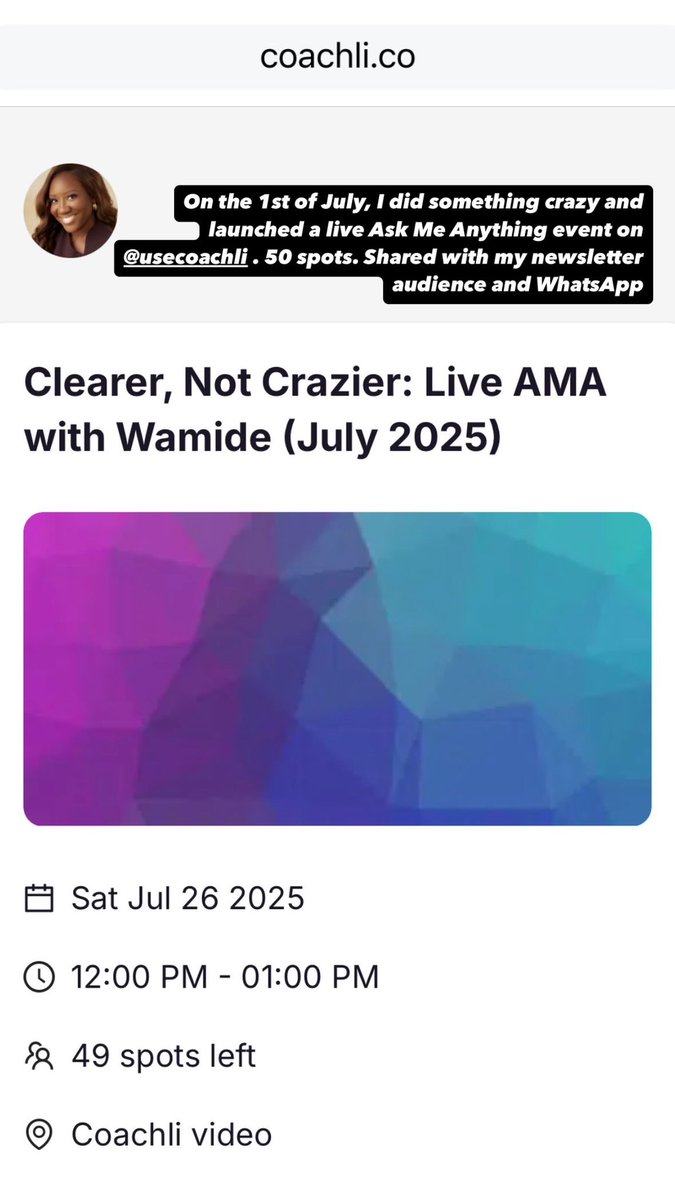 wamide_a's tweet image. If you've been feeling that quiet nudge to change something in your career, or stuck in your head wondering what’s next, this is for you!
I’m hosting an AMA next week. Bring your questions, your confusion, your what-ifs; I’ll help you get clear.
Register coachli.co/wamide/event/c…