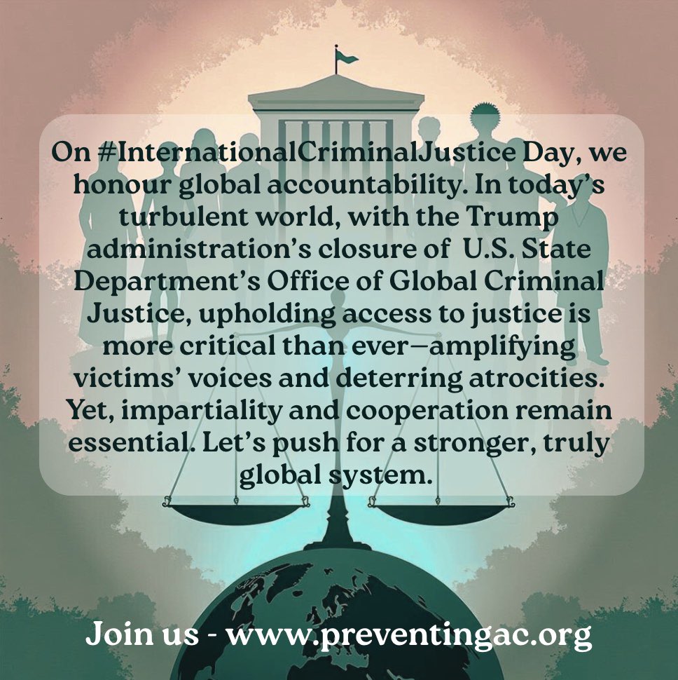 ACPreventionTDL's tweet image. On #InternationalCriminalJustice Day, we honour global accountability efforts. Upholding access to justice is more critical than ever-amplifying victims' voices and deterring atrocities.
Join us: preventingac.org