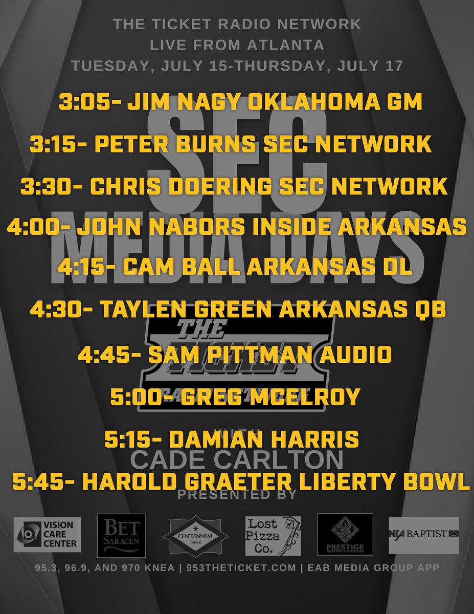 TheTicketRadio's tweet image. We’re live from Day 4 of SEC Media Days this afternoon from 3-6 pm on The Ticket.
Thanks to Vision Care Center, Bet Saracen, Centennial Bank, Lost Pizza, Prestige Heating and Cooling and NEA Baptist for making our coverage possible.