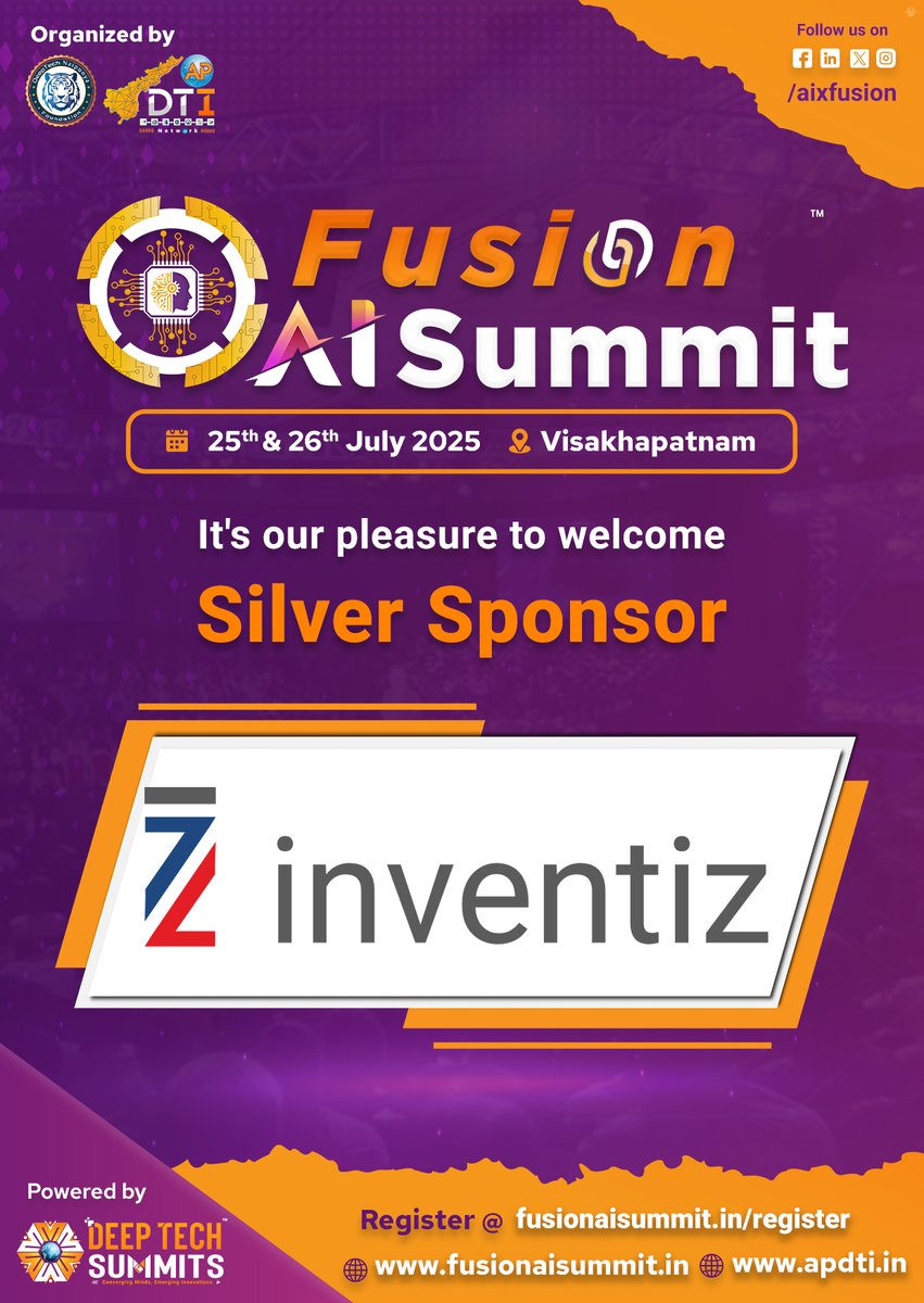 Excited to announce #Inventiz as a Silver Sponsor for the #FusionAISummit, happening on 25–26 July 2025 in #Visakhapatnam!  

#Register at: fusionaisummit.in

#AI #GenAI #AgenticAI #Vizag #AISummit #VizagSummit #Innovation #PlatinumSponsor #FAIS