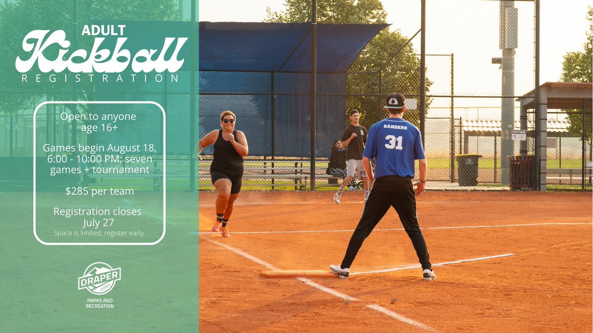 Registration for Adult Kickball closes in one week! This fun playground game is making a huge comeback with adults nationwide, and is a great low-stress/high-activity game that allows adults to recreate and have fun.

Get more info and register now at draperutah.gov/recreation