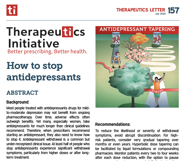 Drug_Evidence's tweet image. 🚨 UBC TI Therapeutics Letter 157: How to🛑antidepressants
👉ti.ubc.ca/letter157
🐌 Avoid abrupt discontinuation
🖥️ Monitor patients after dose reduction
👩🏽🏫 Patient education + shared decision-making to minimize harms, improve outcomes
#deprescribing #MedEd #antidepressants