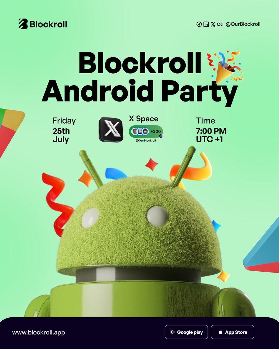mistamojolarh's tweet image. The @OurBlockroll Mobile App is officially 𝐋𝐈𝐕𝐄 on Android! 🎉💜 And as promised (and heavily requested)… we’re throwing a 𝐏𝐀𝐑𝐓𝐘!
𝐇𝐞𝐫𝐞 𝐚𝐫𝐞 𝐭𝐡𝐞 𝐝𝐞𝐭𝐚𝐢𝐥𝐬:
📆 Date: Friday, 25th July.
⏰ Time: 7:00Pm WAT
🔗 Link: