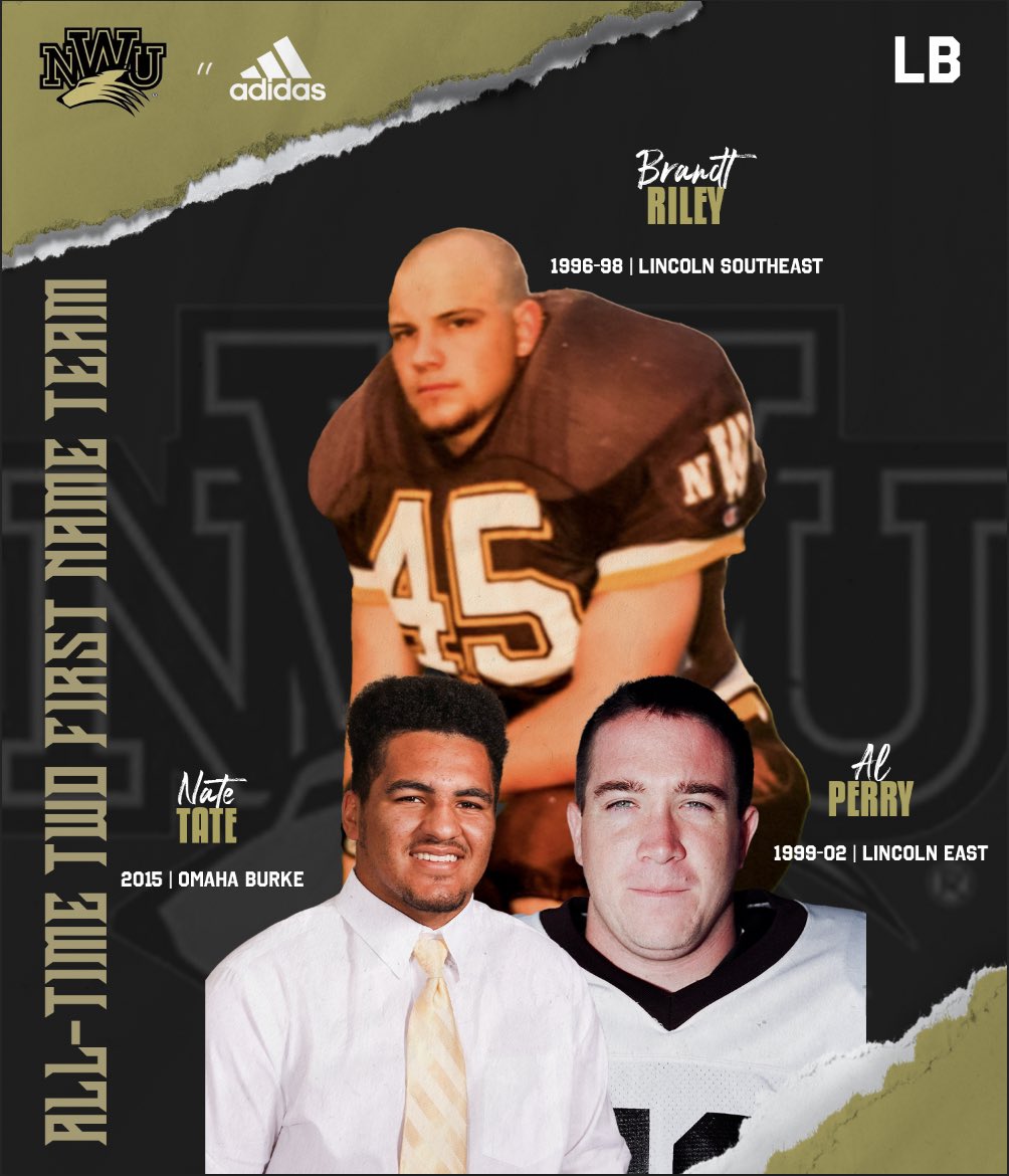 NWUFootball's tweet image. NWU All-Time Two First Name Team
Linebackers:
Brandt Riley | 1996-98
Al Perry | 1999-02
Nate Tate | 2015
#FAITH