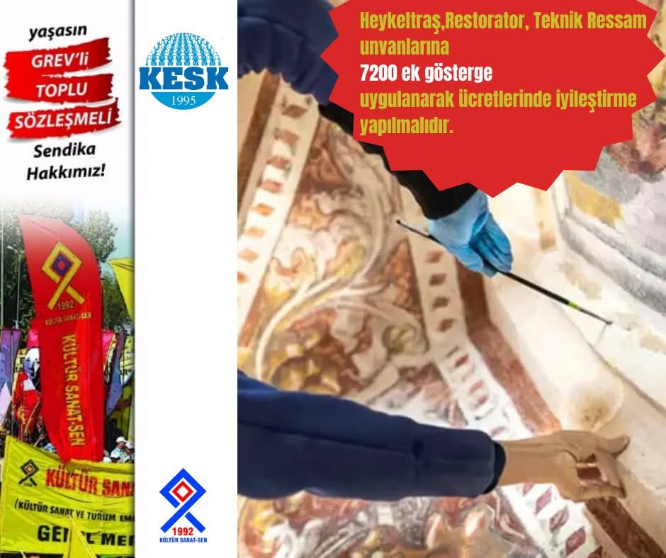 KÜLTÜR SANAT SEN (@kultursanatsen) on Twitter photo Heykeltraş, Restorator, Teknik Ressam unvanlarına 7200 ek gösterge uygulanarak ücretlerinde iyileştirme yapılmalıdır.
<a href="/csgbakanligi/">T.C. Çalışma ve Sosyal Güvenlik Bakanlığı</a> <a href="/TCKulturTurizm/">T.C. Kültür ve Turizm Bakanlığı</a> <a href="/KESK1995/">KESK</a> Heykeltraş, Restorator, Teknik Ressam unvanlarına 7200 ek gösterge uygulanarak ücretlerinde iyileştirme yapılmalıdır.
<a href="/csgbakanligi/">T.C. Çalışma ve Sosyal Güvenlik Bakanlığı</a> <a href="/TCKulturTurizm/">T.C. Kültür ve Turizm Bakanlığı</a> <a href="/KESK1995/">KESK</a>