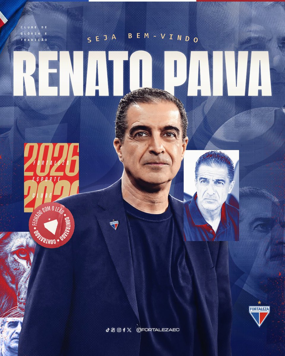 FortalezaEC's tweet image. Renato Paiva é o novo treinador do Fortaleza! 🦁

O Fortaleza Esporte Clube anuncia a contratação do técnico Renato Paiva, que firma acordo com o Leão do Pici até 31 de dezembro de 2026. Junto ao treinador, chega à sua comissão técnica composta pelos auxiliares Ricardo Dionísio e…