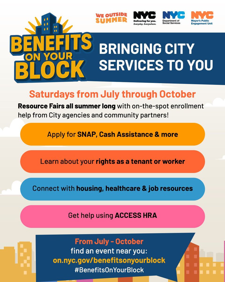 nycfood's tweet image. Free City resource fairs with @MayorsPEU are popping up all summer!
💼 Apply for benefits
🏠 Get tenant support
🩺 Learn about healthcare options
📍Find a Benefits On Your Block event near you: on.nyc.gov/benefitsonyour…
#BenefitsOnYourBlock
