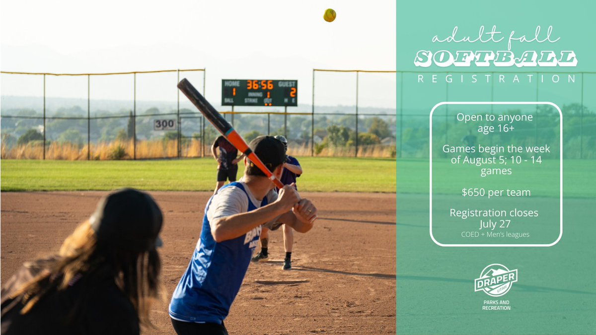 Registration for Adult Fall Softball closes in one week! Get your team together and enjoy a fall night game under the lights.

Get more info and register now at draperutah.gov/recreation