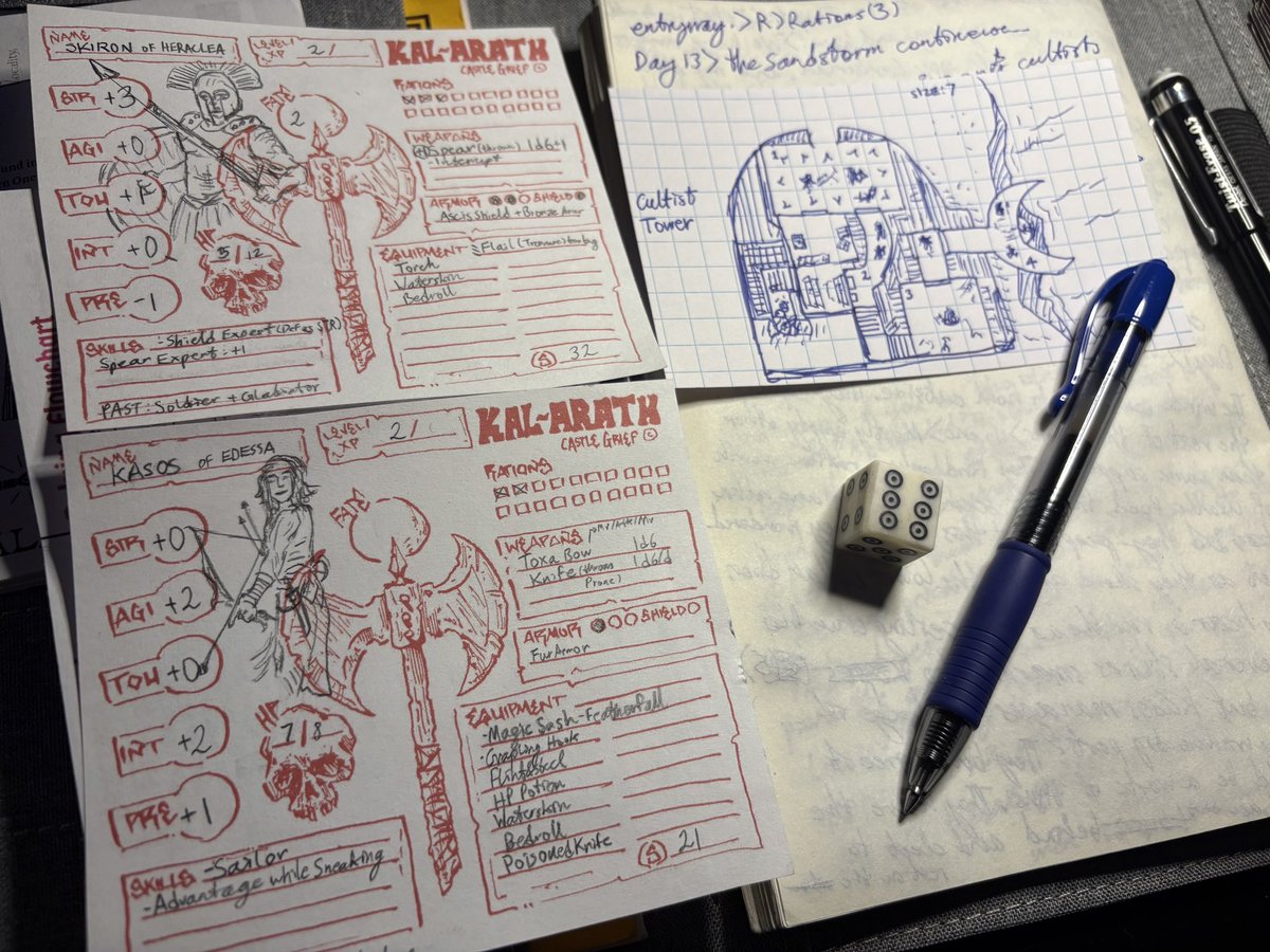 CastleGrief's tweet image. Love seeing folks getting excited about Kal-Arath!!
Awesome red character sheets and game notes from Silver Nightingale and a Necronomicon style zine box by Prose Before Bros.
Rad stuff.