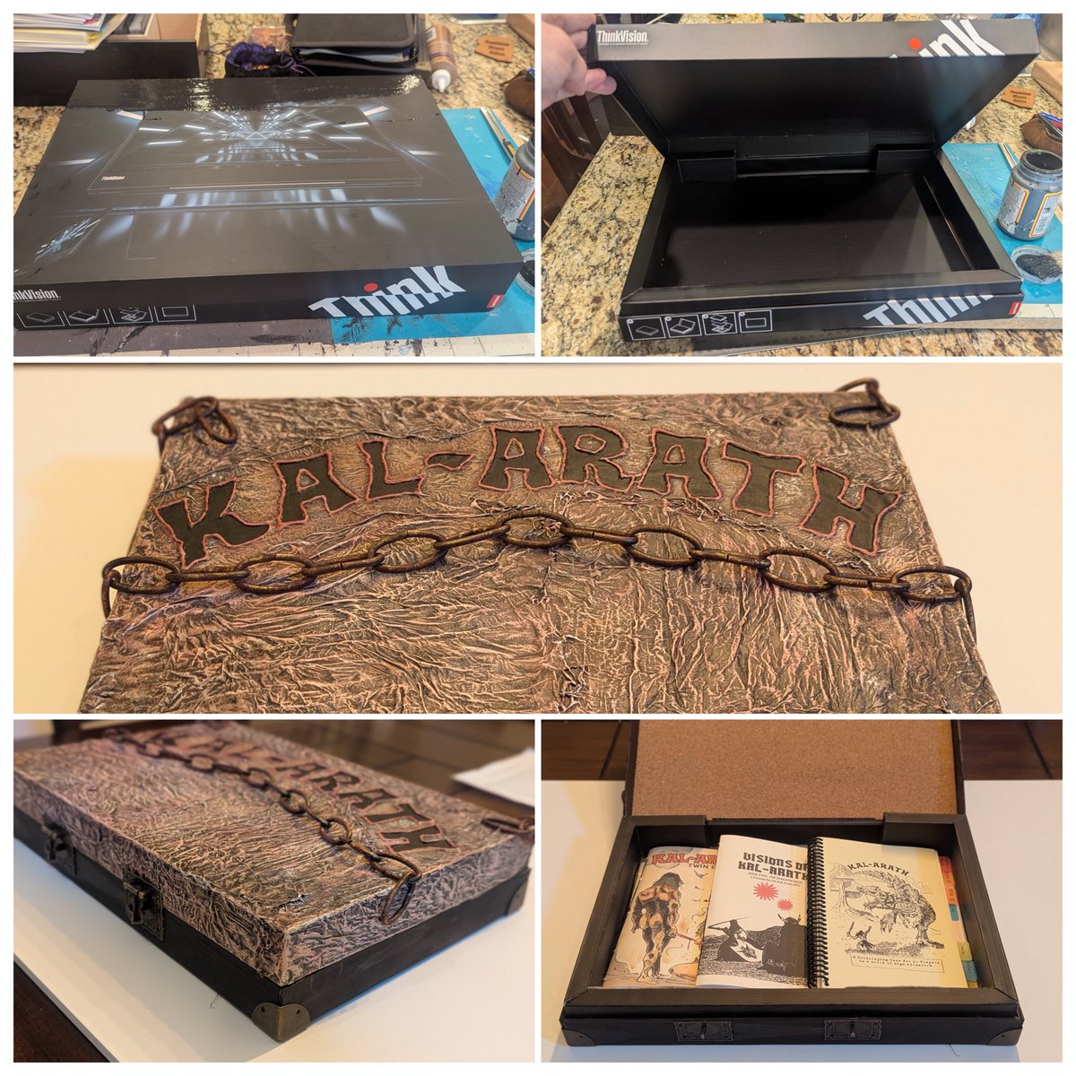 CastleGrief's tweet image. Love seeing folks getting excited about Kal-Arath!!
Awesome red character sheets and game notes from Silver Nightingale and a Necronomicon style zine box by Prose Before Bros.
Rad stuff.