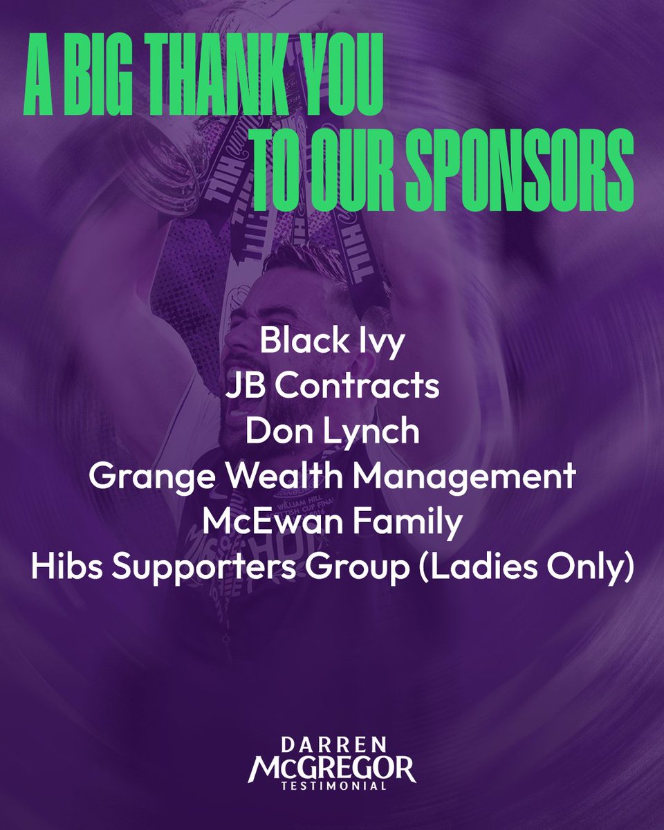 DazTestimonial's tweet image. Legends backing a legend 🙌
Thank you to all our Darren McGregor Testimonial sponsors – we couldn’t do it without you! 💜💚