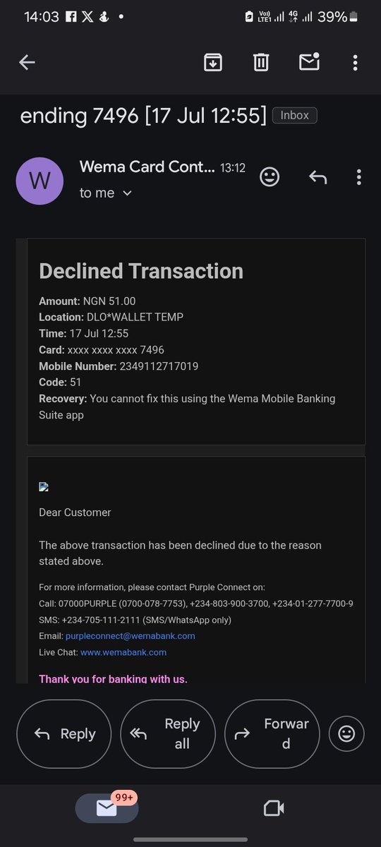 tochukwu_obieze's tweet photo. @wemabank I opened an account because you promised that your cards work for international payment. But I have been trying to use the card for online payment, but it keeps getting declined https://t.co/xpnhHbvGUO