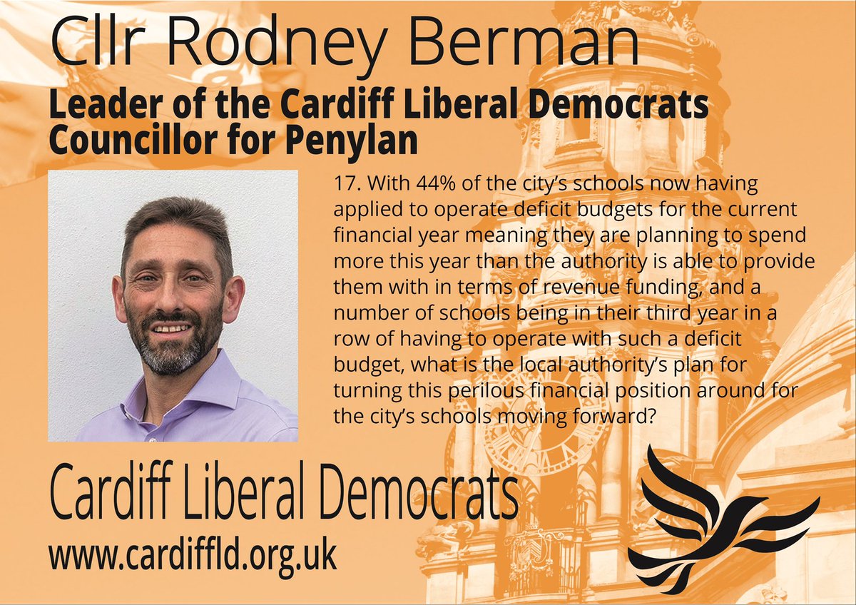 Cardiff Liberal Democrats (@cardifflibdems) on Twitter photo Our final question is number 17 from our leader <a href="/rodneyberman/">Rodney Berman</a> . He raised concerns about almost half of schools having to run deficit budgets and the council having no plans to fix this funding crisis Our final question is number 17 from our leader <a href="/rodneyberman/">Rodney Berman</a> . He raised concerns about almost half of schools having to run deficit budgets and the council having no plans to fix this funding crisis