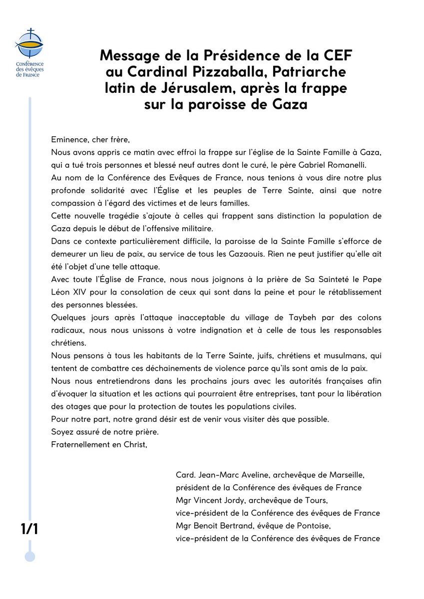 Eglisecatho's tweet image. Paroisse de #Gaza frappée : message de la Présidence de la #CEF au Patriarche latin de #Jérusalem