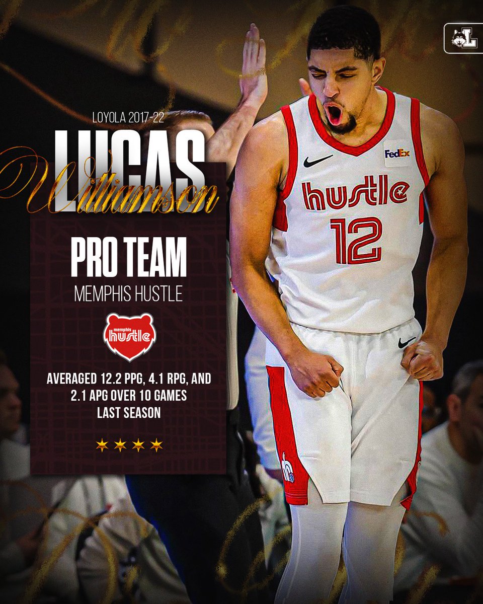 RamblersMBB's tweet image. The Standard 🫡
Pro ‘Bler Lucas Williamson has spent the last three seasons in the @nbagleague and last two with the @MemphisHustle! He averaged 12.2 ppg, 4.1 rpg, and 2.1 apg last year 🤘