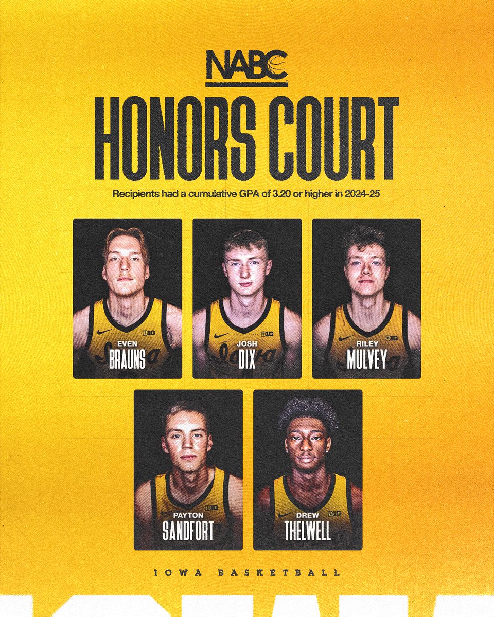 IowaHoops's tweet image. The 2024-25 team earned the NABC Team Academic Excellence Award and five #Hawkeyes were named to the NABC Honors Court!