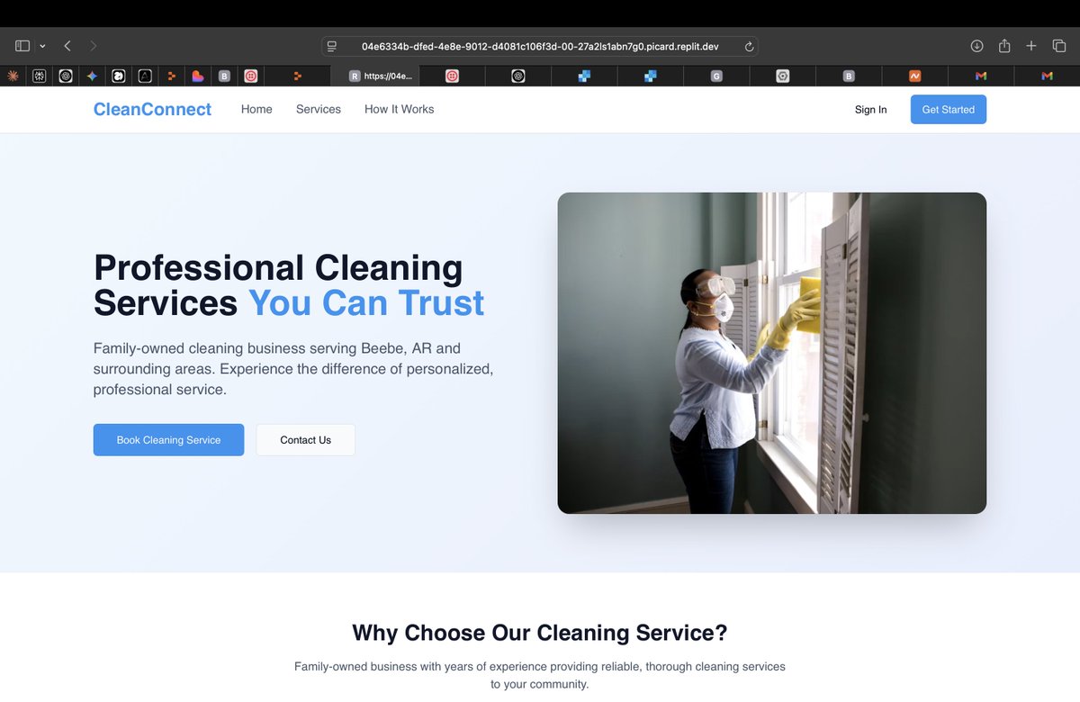 codepro__'s tweet image. Just a little demo website for my mom's cleaning LLC! First time not bad using @Replit . Learning @cursor_ai soon 🙏