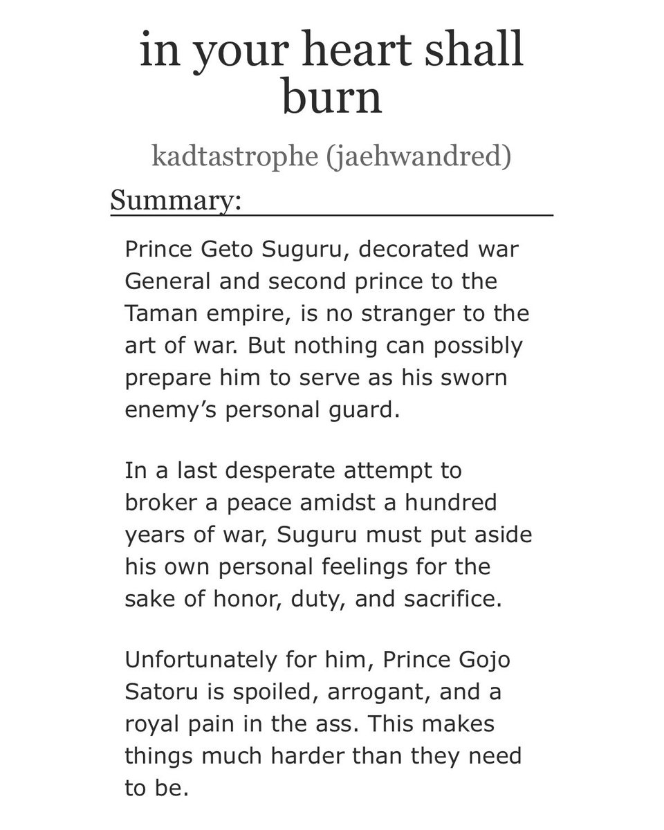 kadacysm's tweet image. in your heart shall burn - chapter 7!!
夏五 | #gego | #satosugu
⚡️E, ongoing, 77k currently
⚡️prince!gojo + guard!geto, royalty!au
⚡️enemies to lovers, slow burn, mutual pining, unreliable narrator!geto
archiveofourown.org/works/66010129…
