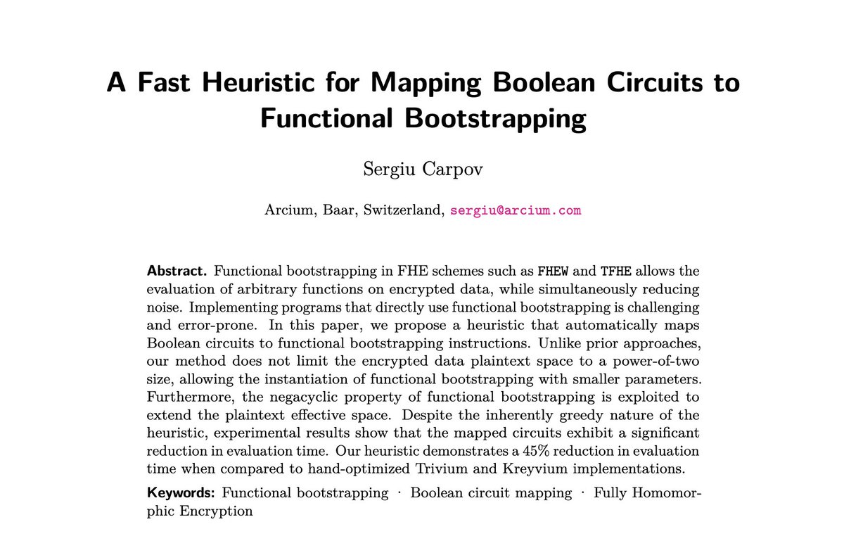 🚨☂️ New Arcium Research Just Dropped ☂️🚨

Our very own Sergiu Carpov published a new paper in CHES 2025 that introduces a fast heuristic for mapping boolean circuits to functional bootstrapping.

Cutting evaluation time by 45%.

<a href="/arcium/"></a> continues accelerating <encryption>☂️