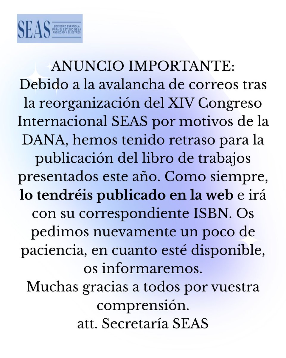 Ansiedad y Estrés (@ansiedadyestres) on Twitter photo ⚠️IMPORTANTE ⚠️
El libro resumen saldrá publicado en la web próximamente. Les mantendremos informados.
Para cualquier cuestión pueden contactarnos al email de seas.cong@psi.ucm.es
Muchas gracias a todos 💜 ⚠️IMPORTANTE ⚠️
El libro resumen saldrá publicado en la web próximamente. Les mantendremos informados.
Para cualquier cuestión pueden contactarnos al email de seas.cong@psi.ucm.es
Muchas gracias a todos 💜