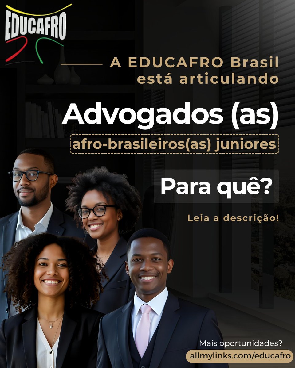 📣 Advogado/a Afro-brasileiro/a recém-formado/a? Temos uma excelente notícia pra você!

✨ Cada equipe:
🔹 1 Advogado/a Sênior
🔹 9 Advogados/as Juniores
🧠 Com mentoria de peso !

🔗 Inscreva-se agora: forms.gle/SRNxkVrAWFib1b…

Mais oportunidades?
allmylinks.com/educafro