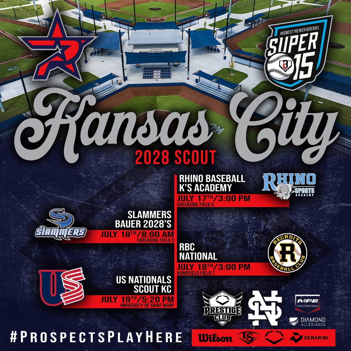 Check out the 2028  Arkansas Prospects Scout schedule at the MWP Super 15 Member and Open tournament this weekend in KC. #ProspectsPlayHere