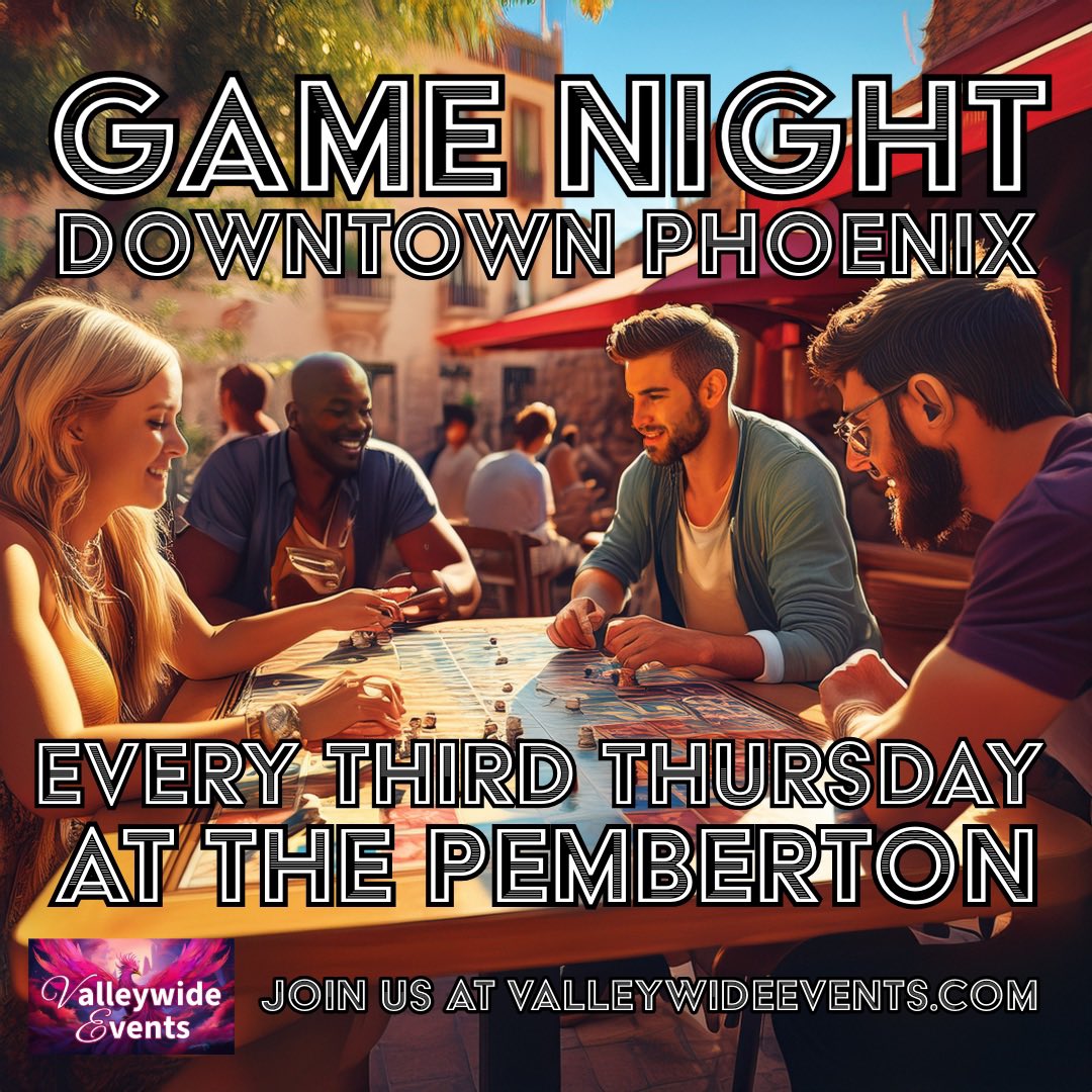 VwideEvents's tweet image. It’s Game Night tonight at 7pm at The Pemberton in downtown Phoenix! See you there!
Interested in more events? Create a profile on our website ValleywideEvents.com then subscribe. It’s $10 a month, but if you enter the coupon code FPOF500, it’s 50% off for the first 5 months.