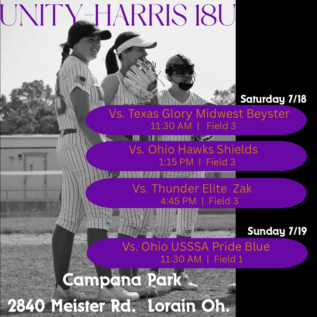 Last tournament of the season! Would love to see everyone there! Let’s go U!!
<a href="/unity_07cincy/">UNITY Harris-18u</a> 
<a href="/DefiCollegeSB/">Defiance College Softball</a> 
<a href="/BlufftonSB/">Bluffton Softball</a> 
<a href="/CoachDWittSB/">Dan Davis</a> 
@stephenoswald2