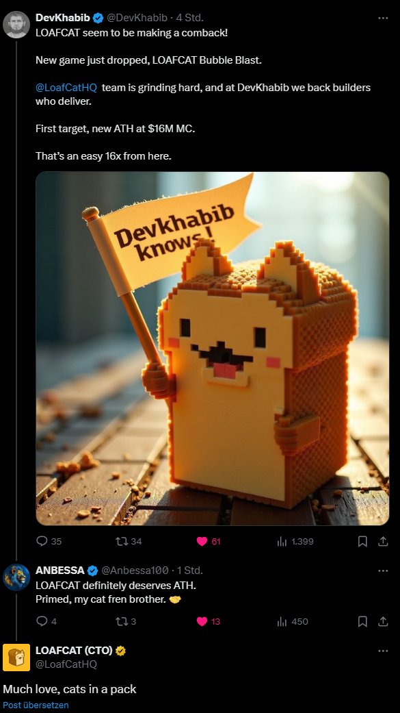 CryptoScrutator's tweet image. Crypto Chads are waking up!
@Anbessa100 &amp;amp; @LordDurden - early 🍞🐈 lovers
more coming! 
📈 #LOAFCAT charts? 🔥
🏦 Loafbank? Just weeks away.
This isn’t financial advice, it’s a nobrainer.
Get in before your barber does.
👉 loafcat.me @LoafCatHQ 
#memecoin $SOL