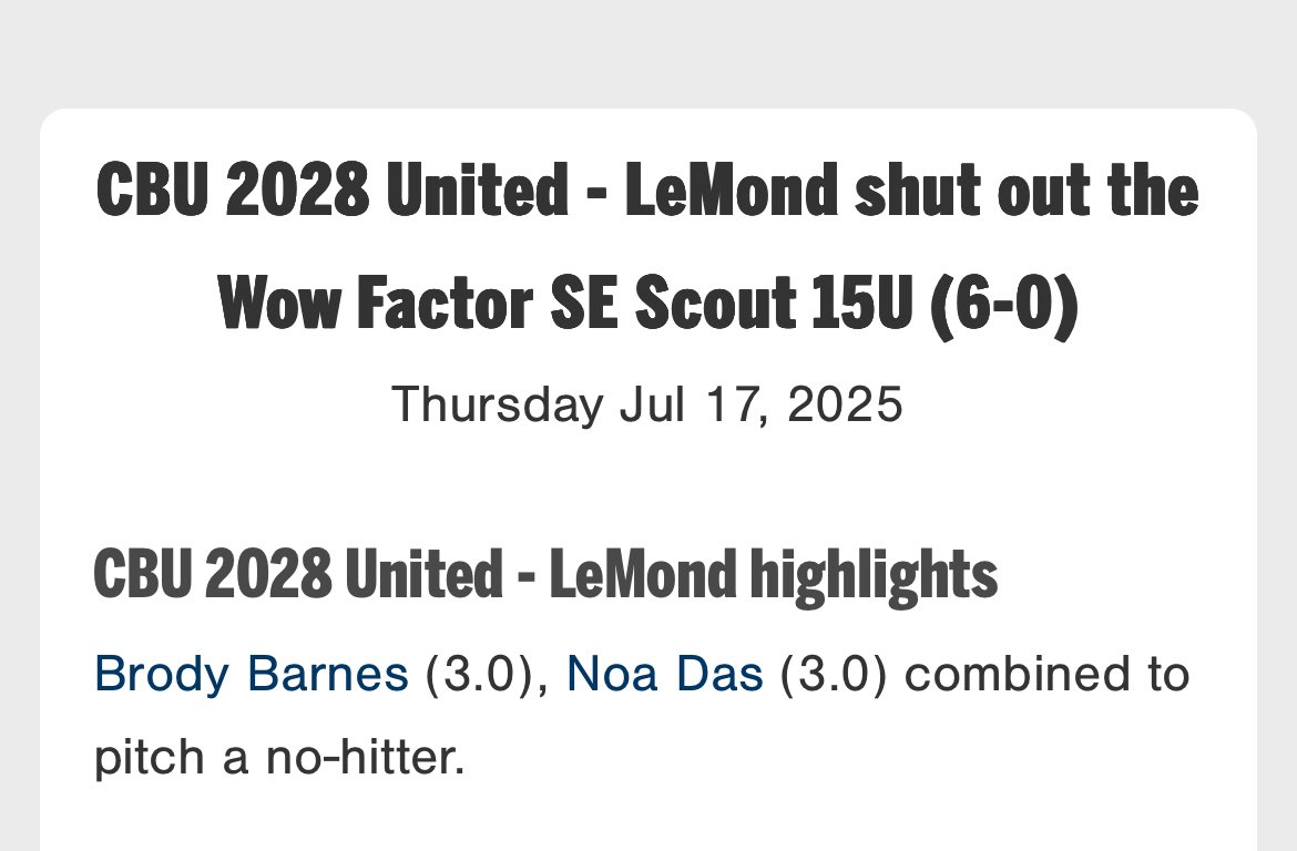 Combined no hitter for our first game of the WWBA national championship here in Atlanta Georgia.
3 innings no hits no runs 6ks
Next start - Sunday at university of georgia stadium.