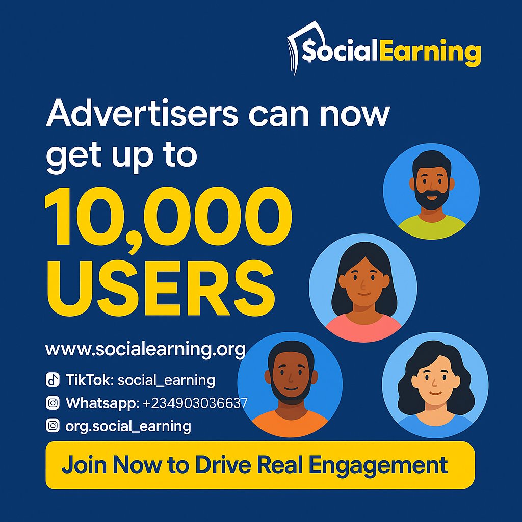 Social_Earning's tweet image. Want to reach 10,000+ real users for your business or brand? ๐
๐ฏ Advertise on SocialEarning the smarter way to engage Nigerians on TikTok, WhatsApp & Instagram
๐ Join now socialearning.org
๐ +23467864777
#SocialEarning #NaijaInfluencers #BrandGrowth #AdvertiseOnline