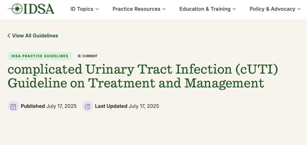 AliSMV7's tweet image. Complicated Urinary Tract Infection (cUTI) Guideline on Treatment and Management (NEW 2025)
🔺Now published
* Empiric and definitive treatment.
* Timming of IV to PO transition
* Duration of treatment
idsociety.org/practice-guide…