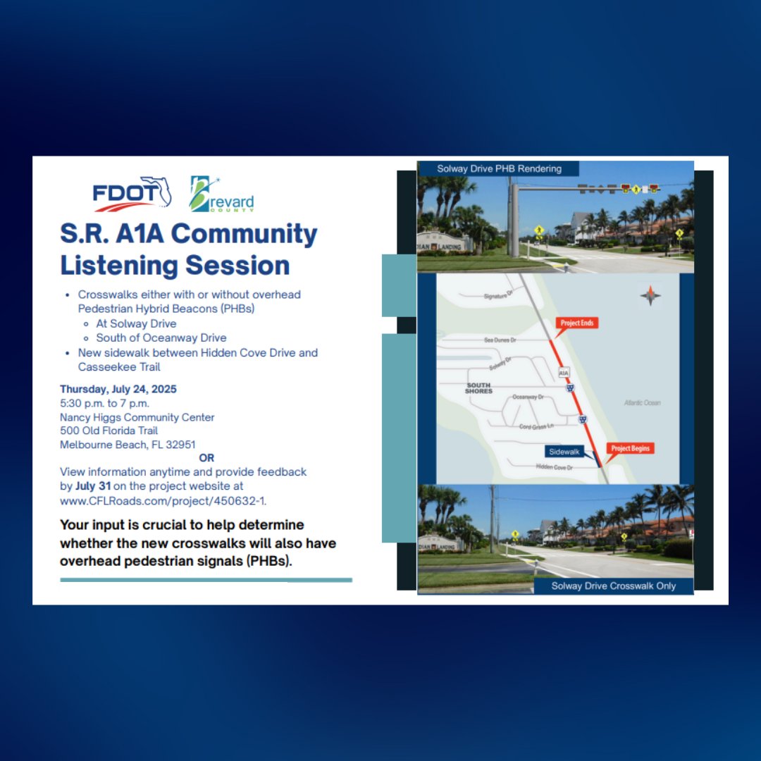 MyFDOT_CFL's tweet image. FDOT, in partnership with @BrevardCo_FL, invites you to share input on pedestrian safety improvements along S.R. A1A (Hidden Cove Dr. to Sea Dunes Dr.).
• July 24, 5:30–7 p.m.
• 500 Old Florida Trail, Melbourne Beach, FL 32951
• More: CFLRoads.com/project/450632…