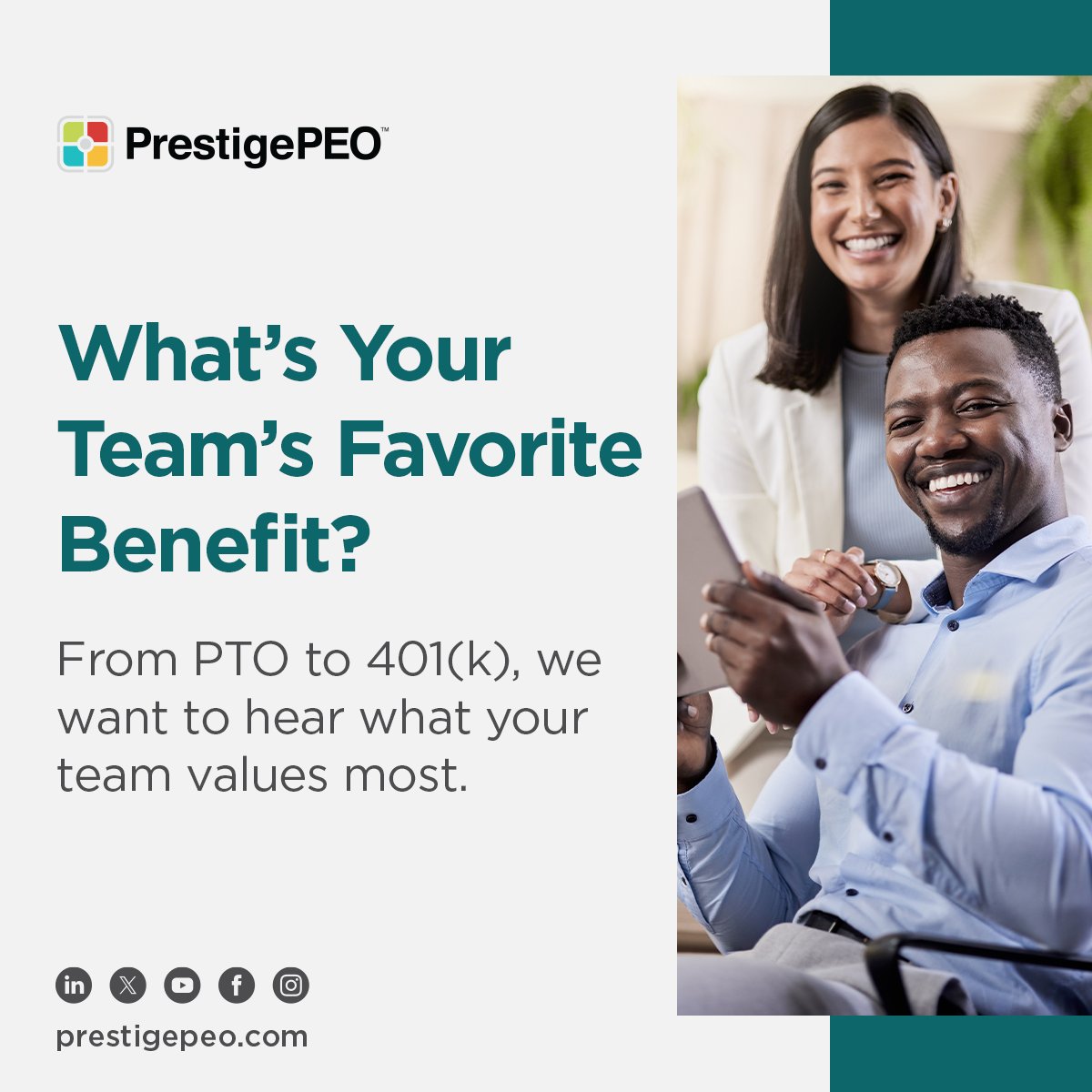 PrestigePEO's tweet image. We help SMBs offer benefits that truly matter, but every team is different.
What’s the #1 benefit your employees love most?
🧠 Mental health? 💰401(k)? 🏖️ PTO?
Drop your answer below & let’s hear what real teams value most.