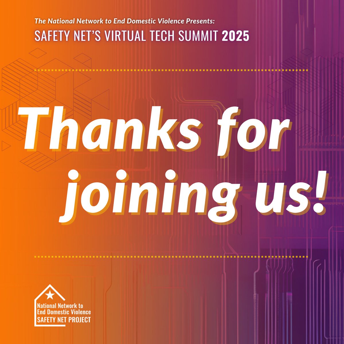 nnedv's tweet image. That's a wrap on our Safety Net team's Virtual #TechSummit 2025! Thanks to every presenter and attendee who joined us this year. 🧡
Check out all our team's amazing resources: TechSafety.org
Tell us: What was your favorite #TechSummit 2025 moment?